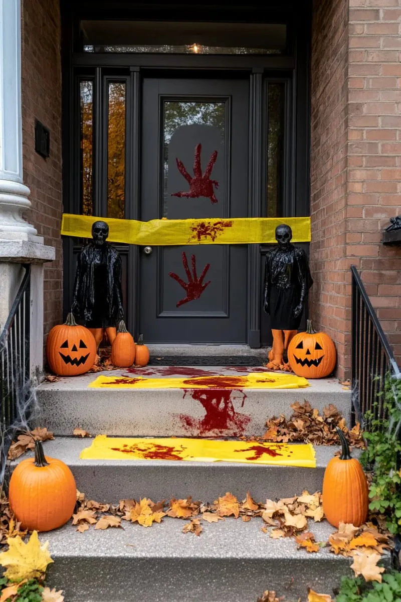 21 Creative Halloween Door Decorations: Ideas for a Festive Welcome 6 caution tape crisscrossed with bloody handprints and creepy mannequins 1