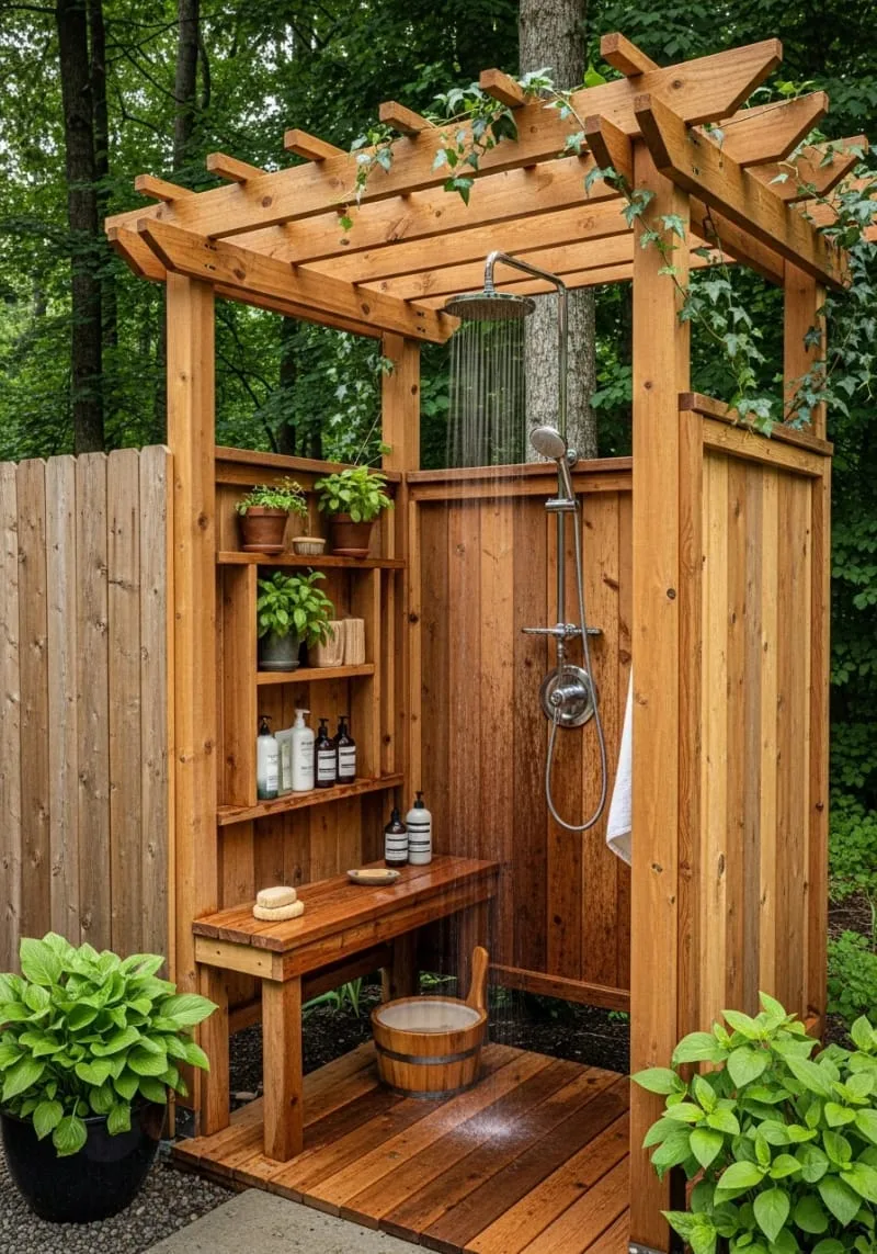 cedar wood slatted enclosure with stepping stone path and hanging lanterns 1