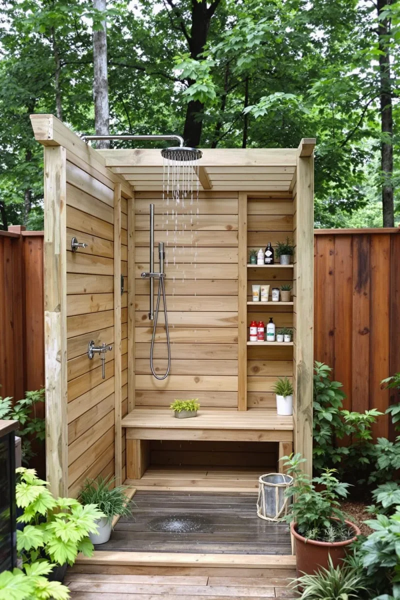 cedar wood slatted enclosure with stepping stone path and hanging lanterns 1