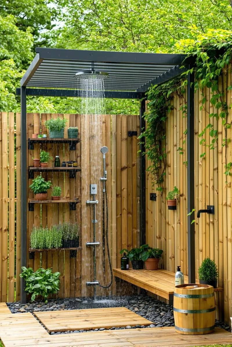 cedar wood slatted enclosure with stepping stone path and hanging lanterns 1