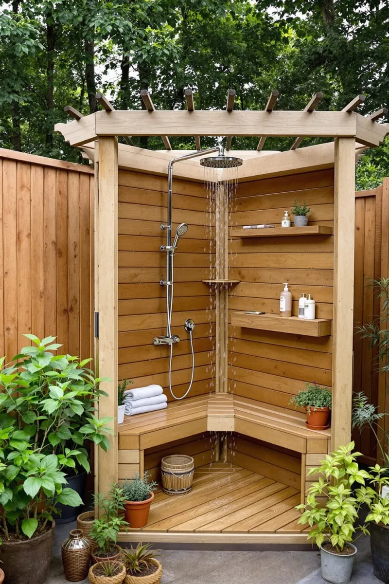 cedar wood slatted enclosure with stepping stone path and hanging lanterns 1