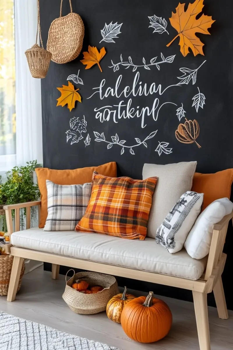 chalkboard wall with hand-lettered fall quotes and leaves 1