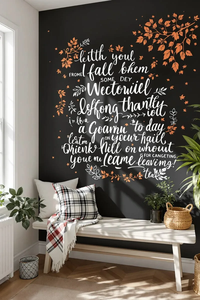 chalkboard wall with hand-lettered fall quotes and leaves 1