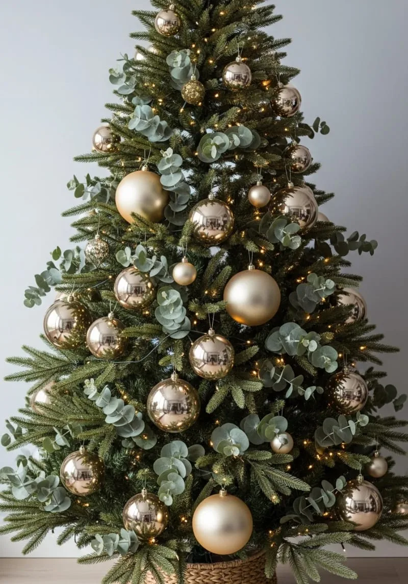 31 Dreamy Christmas Tree Decorations for a Unique Festive Touch 73 champagne baubles and eucalyptus sprigs for modern neutral christmas decor 1