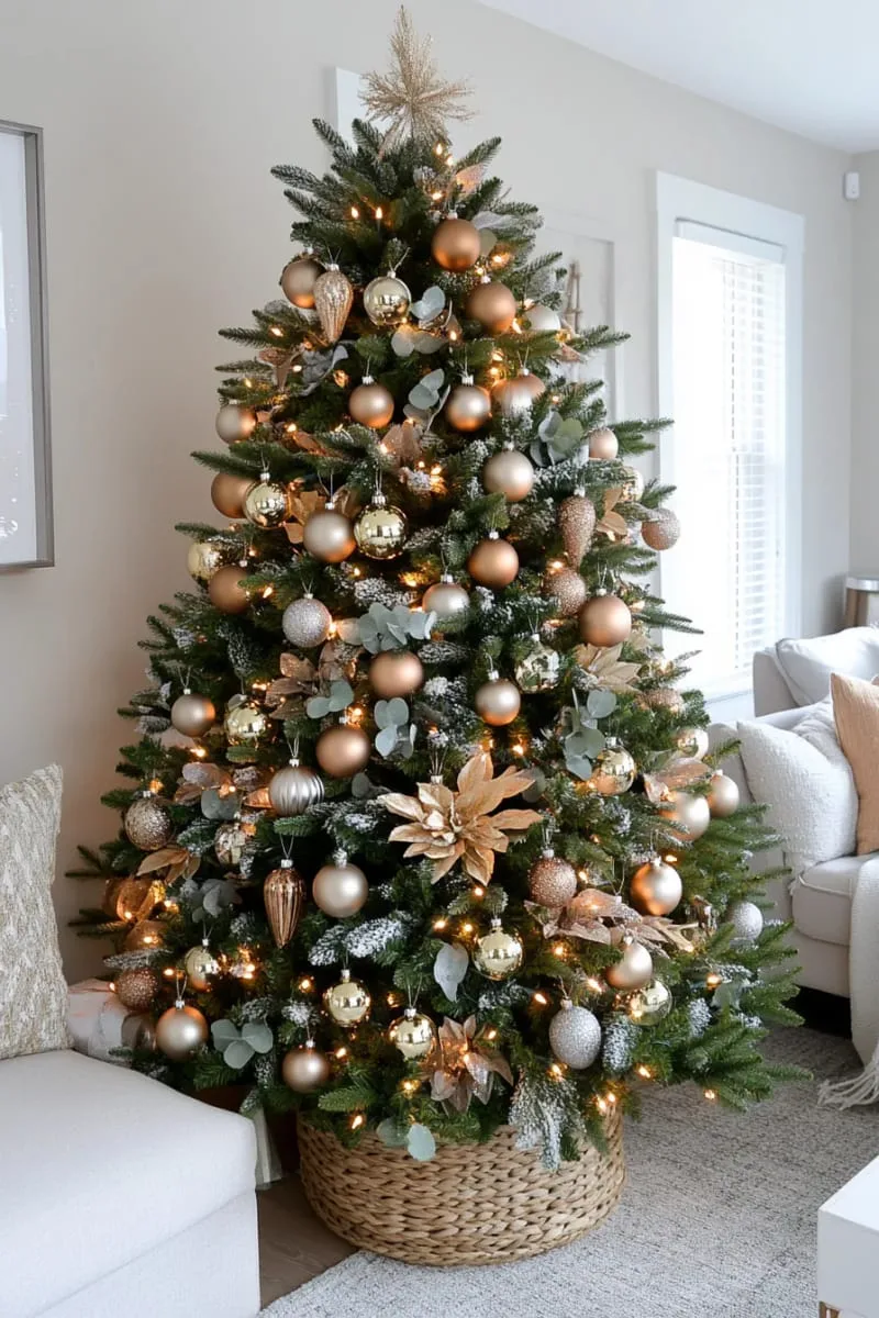 31 Dreamy Christmas Tree Decorations for a Unique Festive Touch 74 champagne baubles and eucalyptus sprigs for modern neutral christmas decor 1