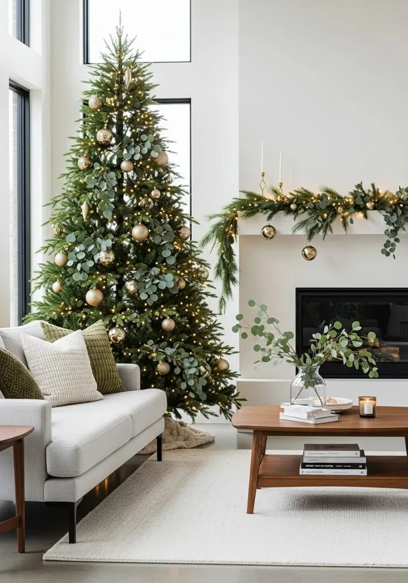 31 Dreamy Christmas Tree Decorations for a Unique Festive Touch 75 champagne baubles and eucalyptus sprigs for modern neutral christmas decor 1