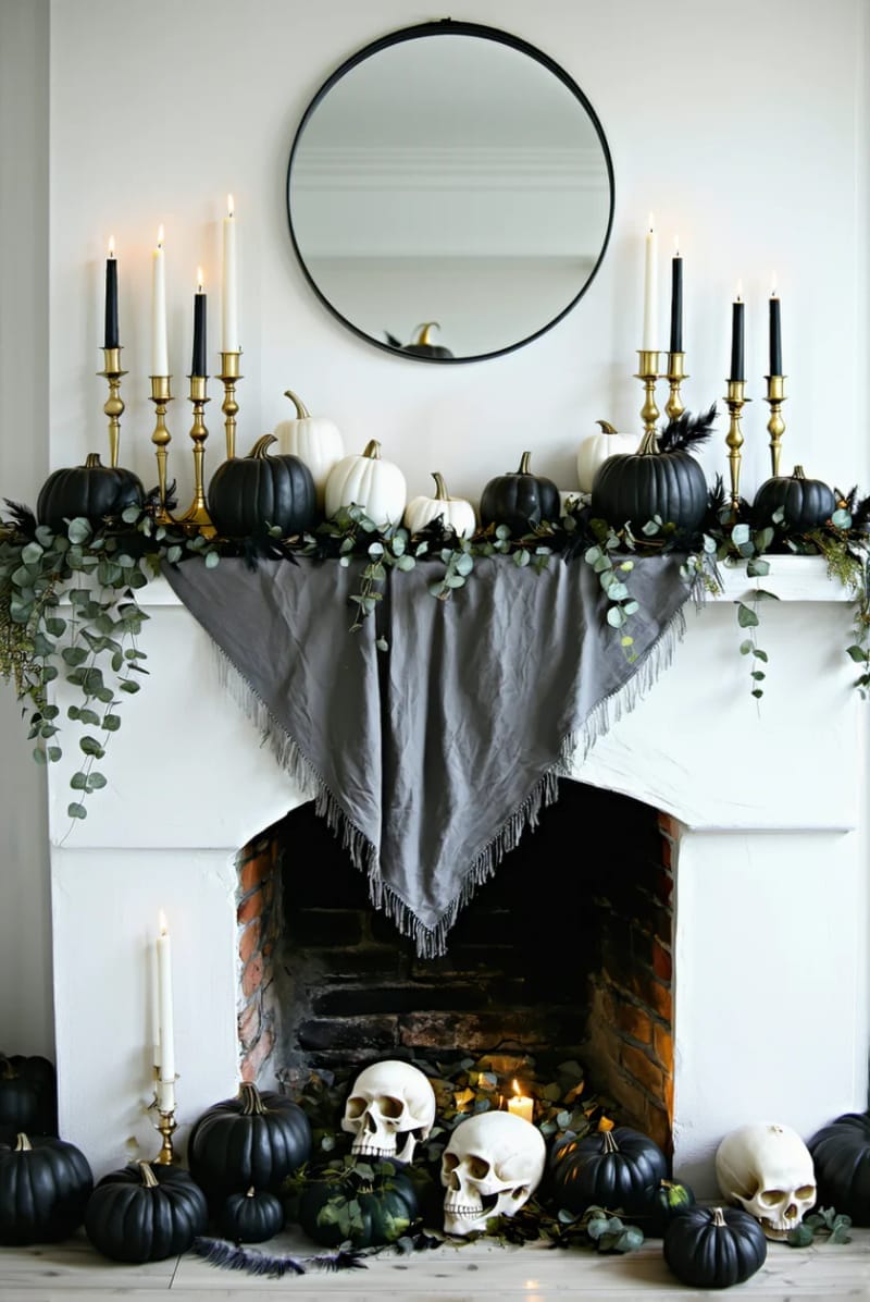 chic mix of matte black pumpkins, white candles, and eucalyptus sprigs 1
