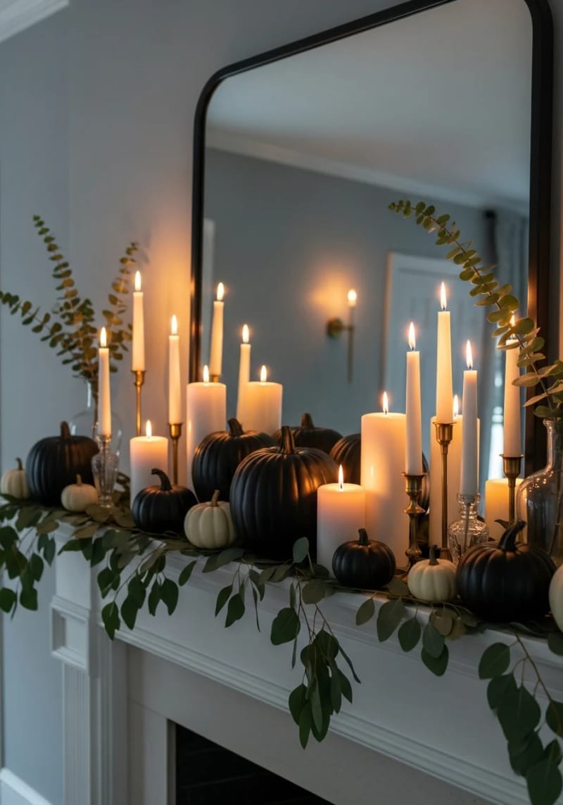 chic mix of matte black pumpkins, white candles, and eucalyptus sprigs 1