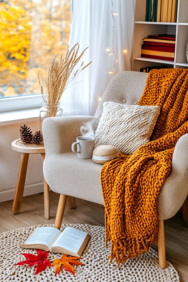 chunky knit blankets in warm autumn colors over reading nooks 1