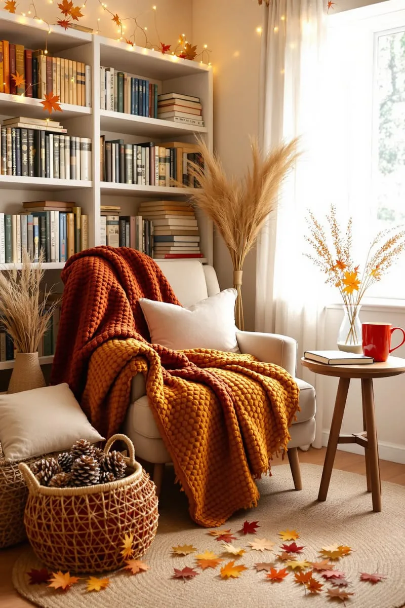 chunky knit blankets in warm autumn colors over reading nooks 1