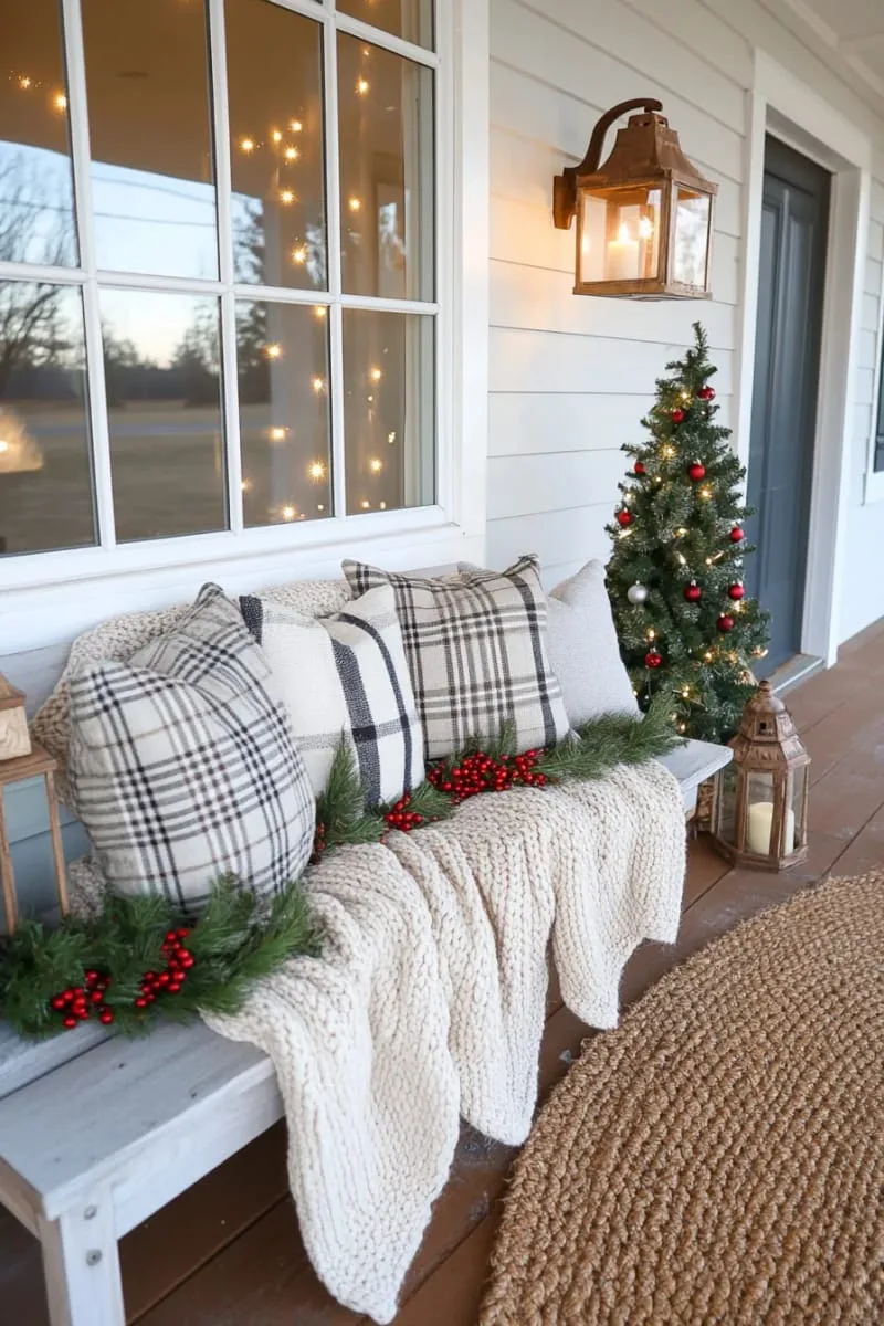 chunky knit blankets layered on a classic farmhouse bench 1