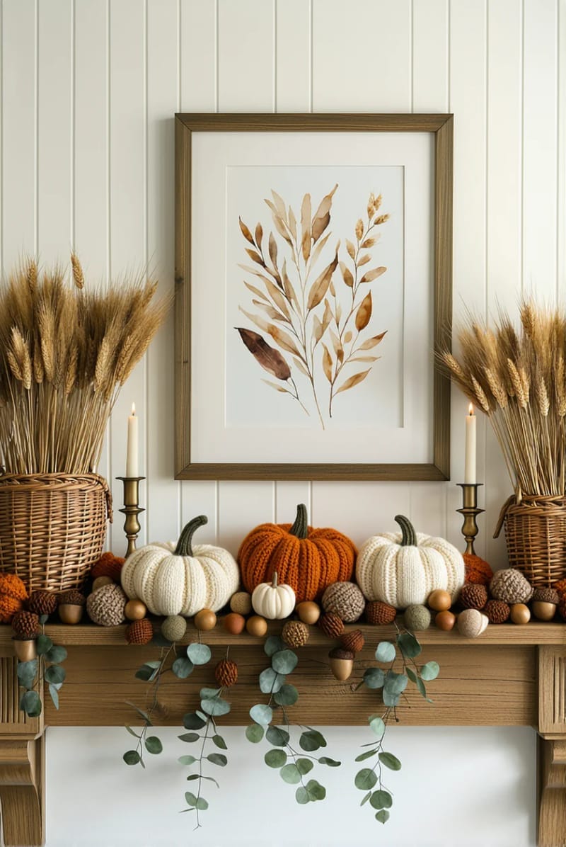 21 Unique Fall Mantle Decor Ideas That Designers Love Right Now 27 chunky knit pumpkins and felt acorns for a whimsical, textural look 1