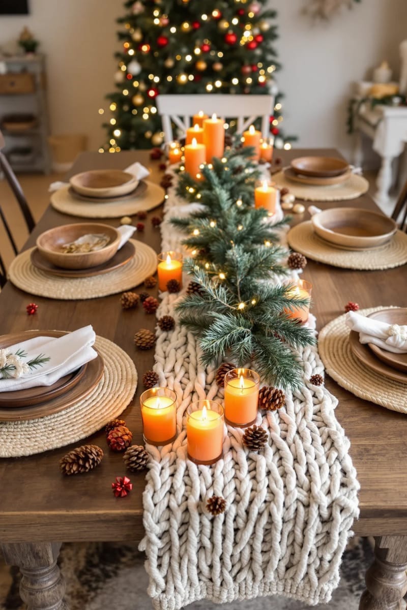 chunky knit table runner with scattered pinecones and orange votives 1