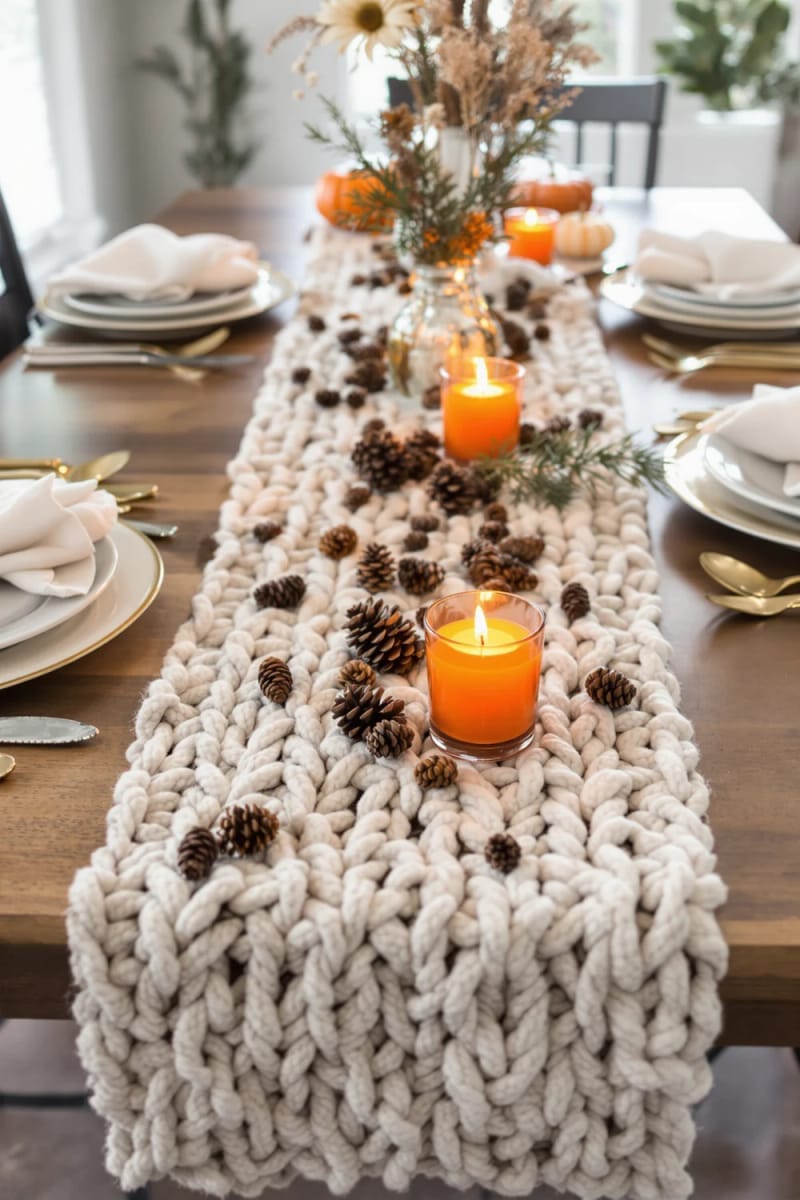 chunky knit table runner with scattered pinecones and orange votives 1