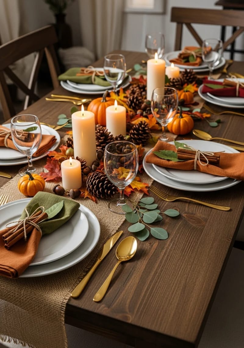 cinnamon stick and bay leaf bundles tied to napkins for natural place settings 1