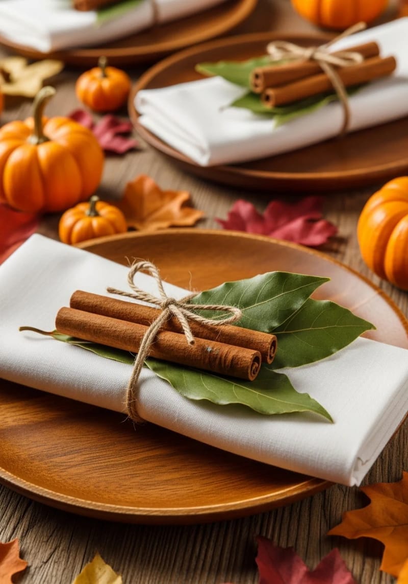 cinnamon stick and bay leaf bundles tied to napkins for natural place settings 1