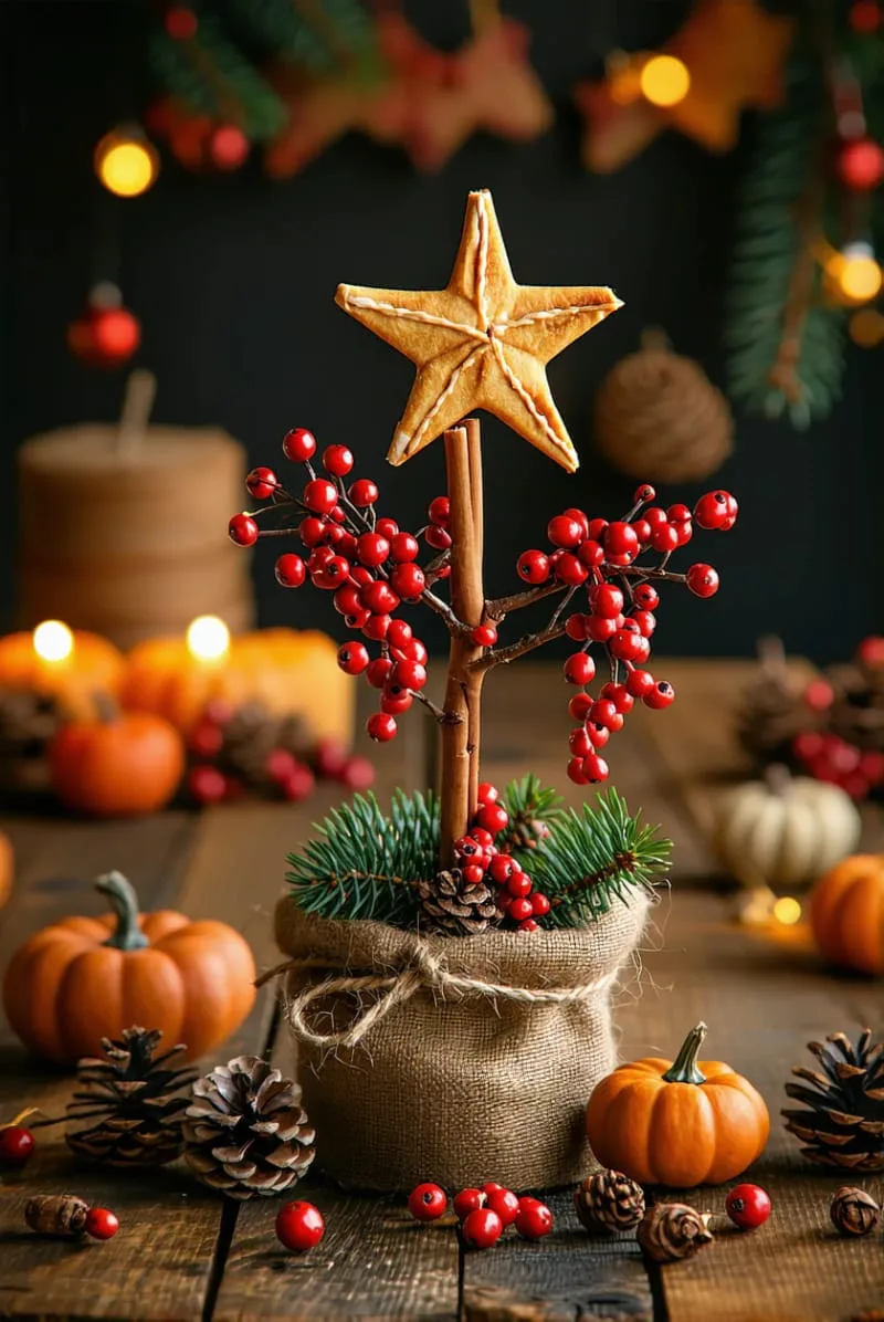 cinnamon stick star topper with cascading berry garlands 1