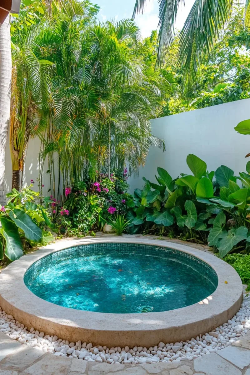 circular dipping pool with blooming garden border and pebble paths 1