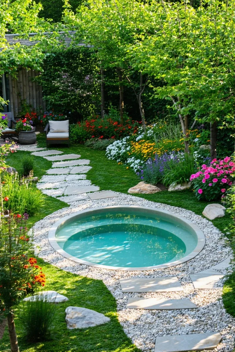 circular dipping pool with blooming garden border and pebble paths 1