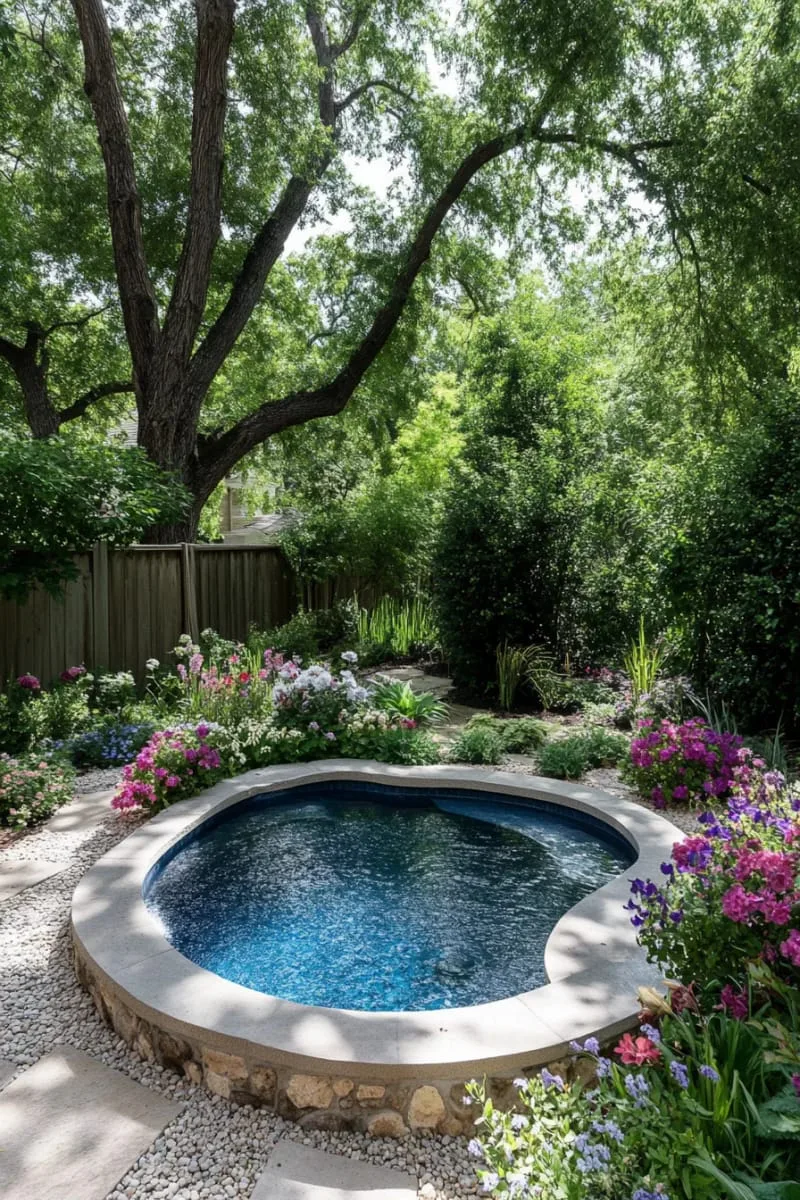 circular dipping pool with blooming garden border and pebble paths 1