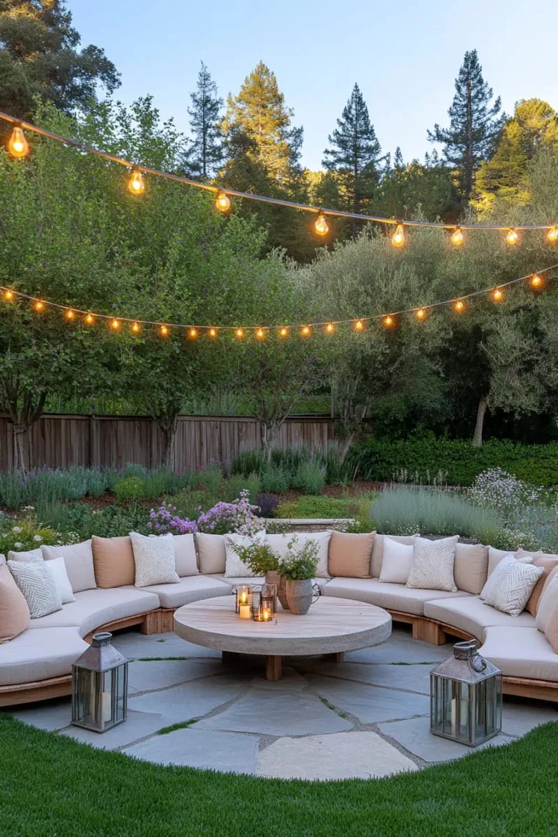 circular seating oasis with string lights and garden lanterns 1