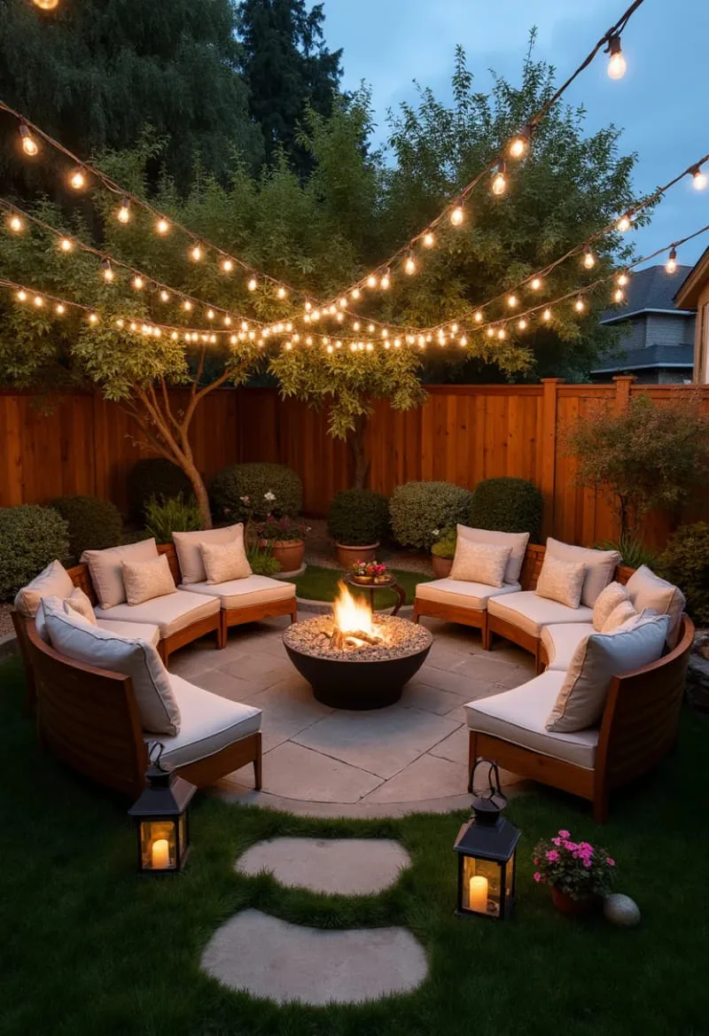 circular seating oasis with string lights and garden lanterns 1
