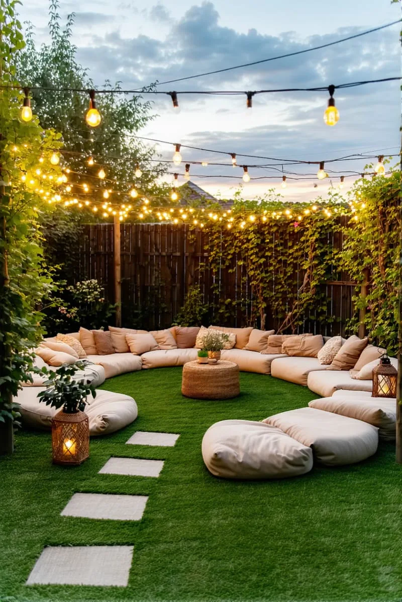 circular seating oasis with string lights and garden lanterns 1