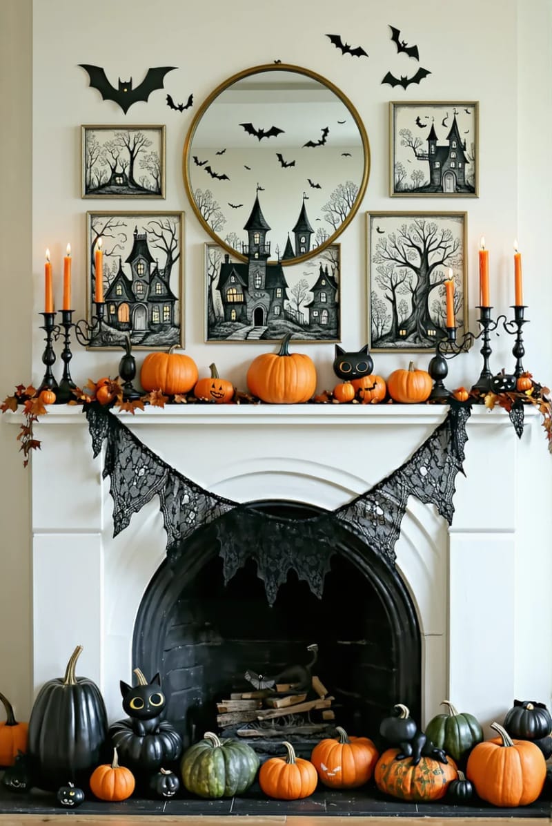 classic black-and-white halloween prints surrounded by orange and green gourds 1