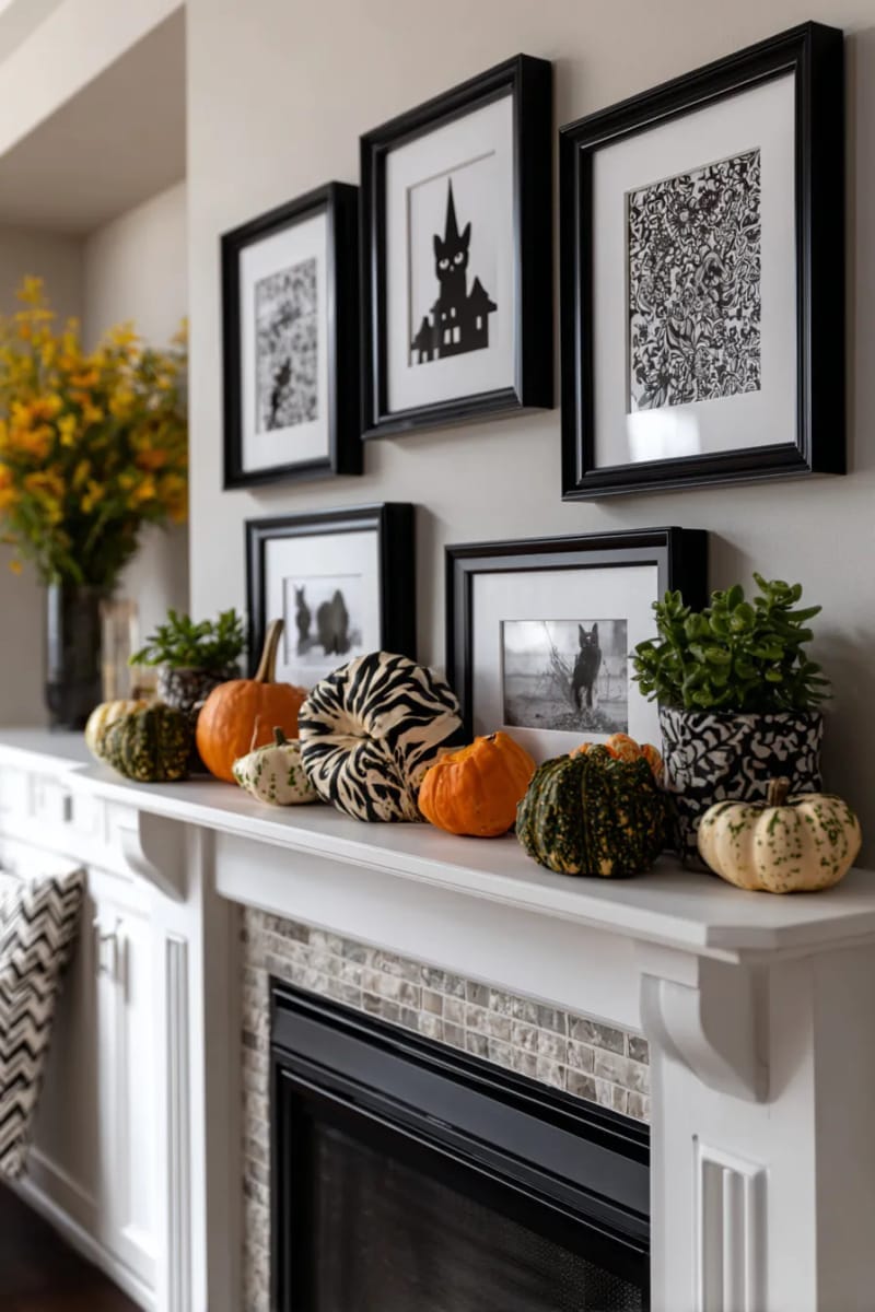classic black-and-white halloween prints surrounded by orange and green gourds 1