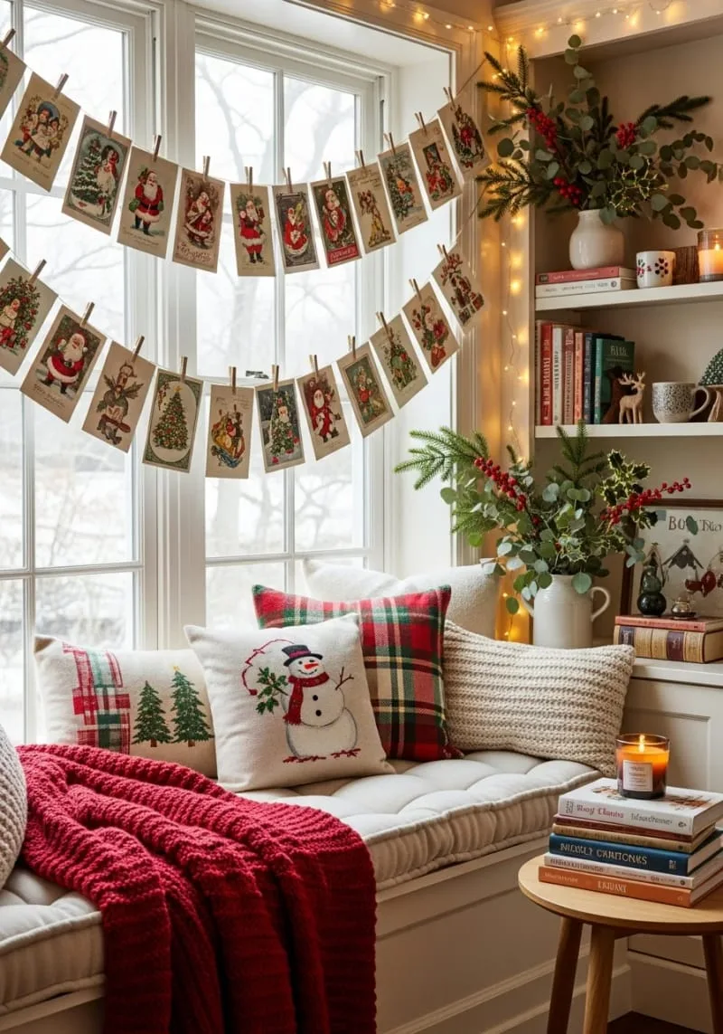 classic christmas card garland strung across a cozy reading nook 1