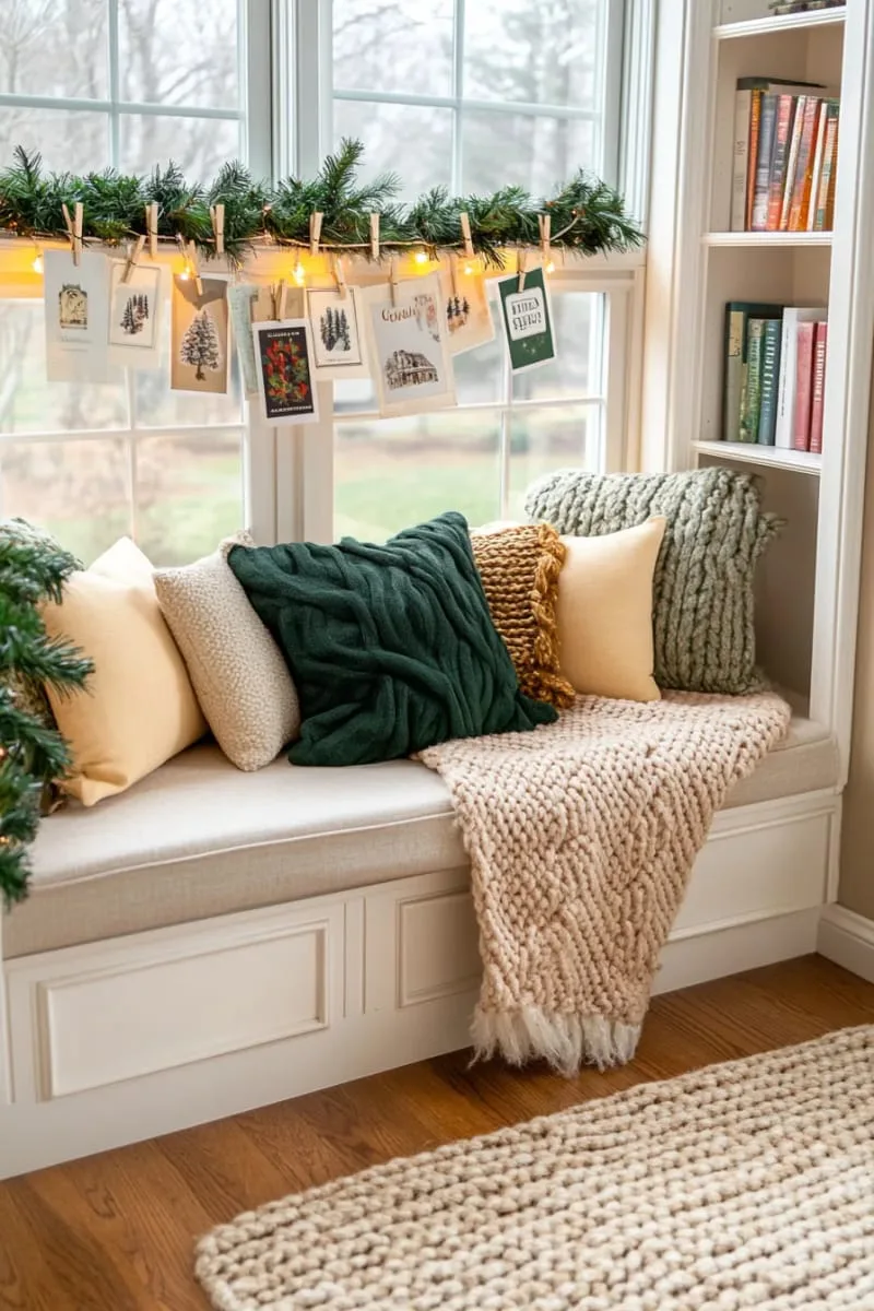 classic christmas card garland strung across a cozy reading nook 1