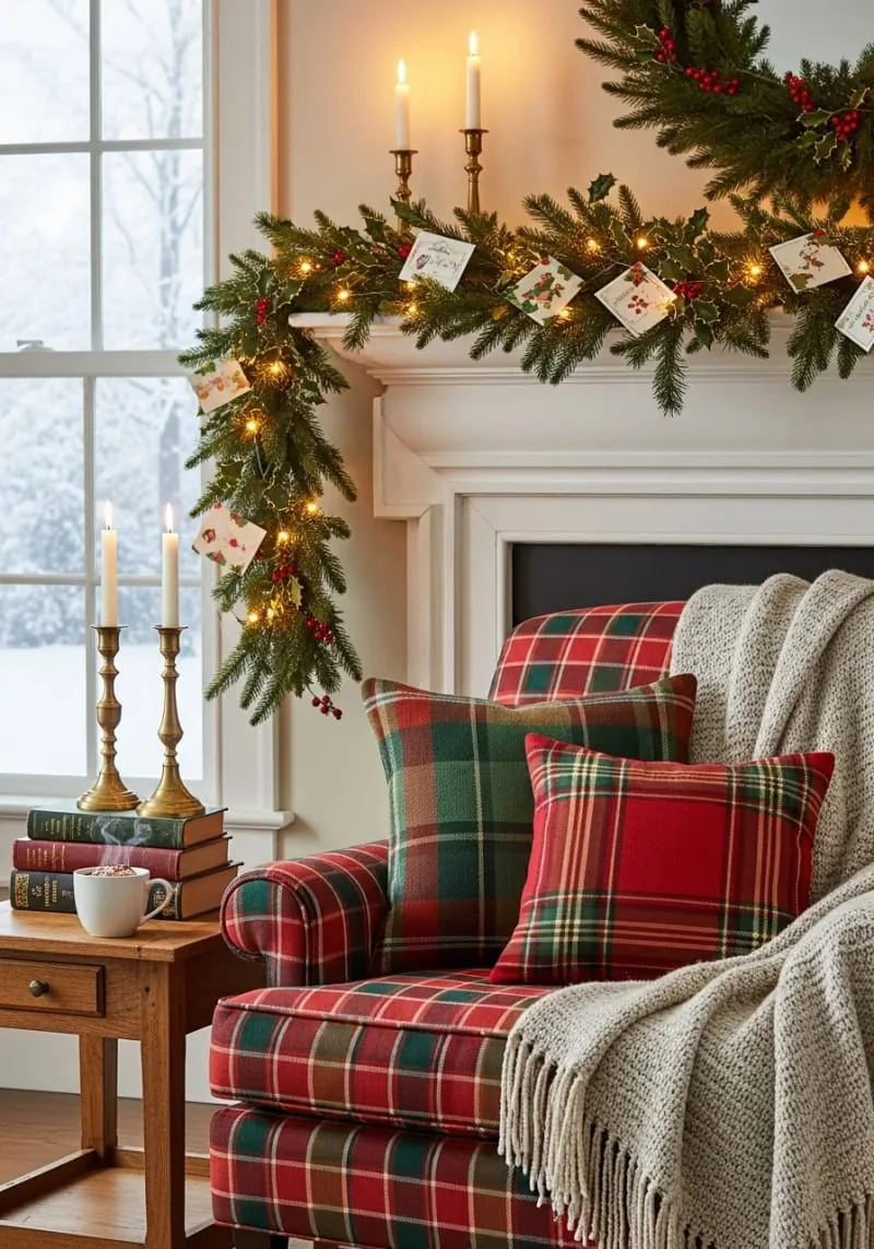 classic christmas card garland strung across a cozy reading nook 1