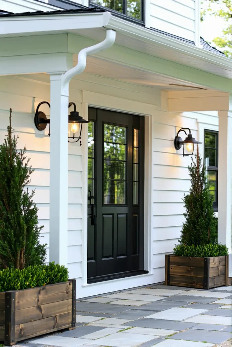 classic farmhouse exterior lights paired with lush boxwood planters 1