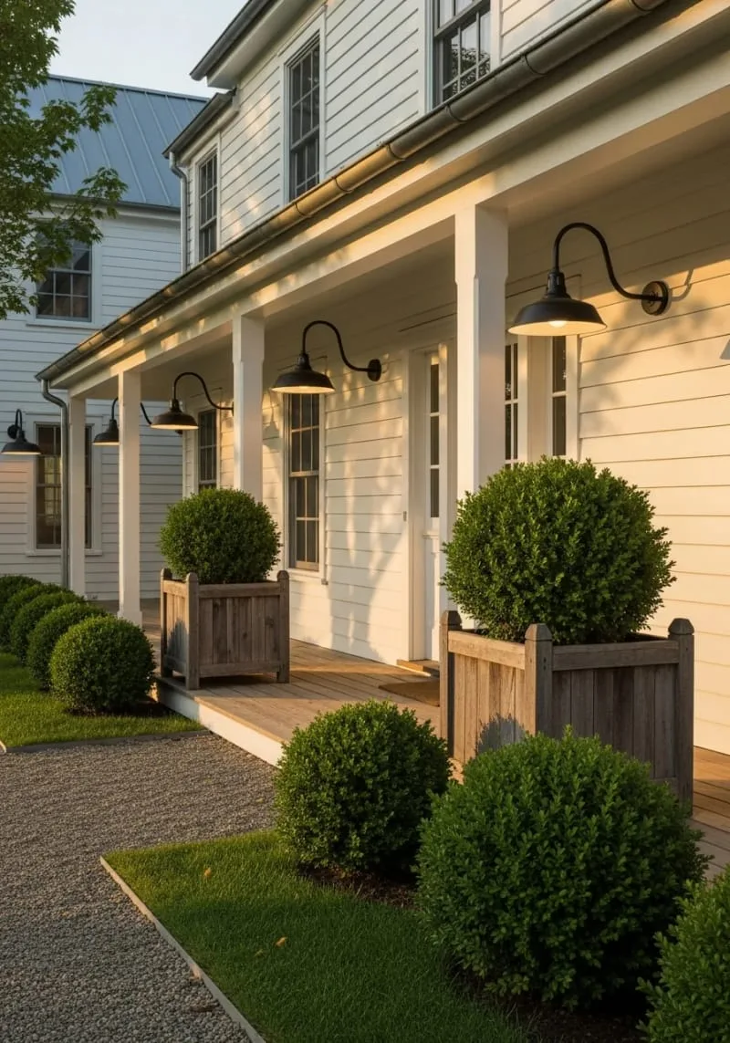 classic farmhouse exterior lights paired with lush boxwood planters 1