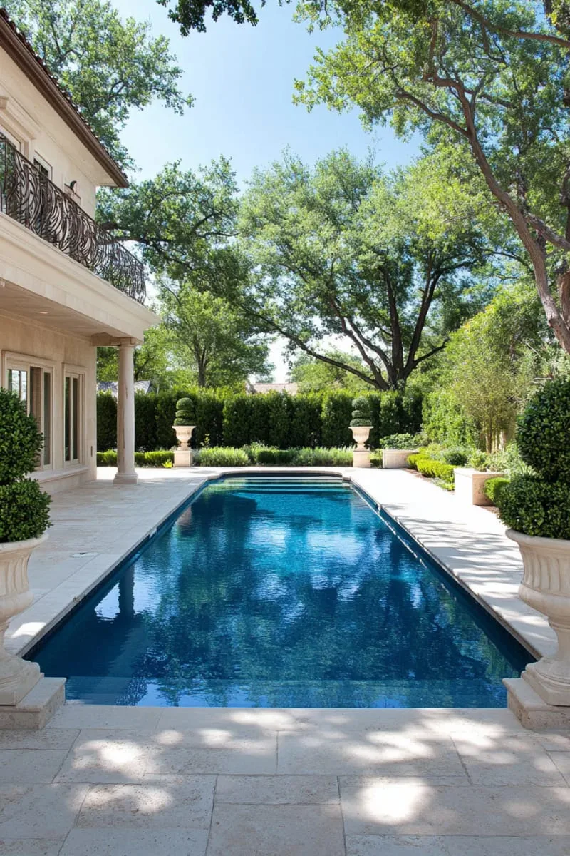 classic grecian pool with symmetrical planters and sculpted evergreens 1