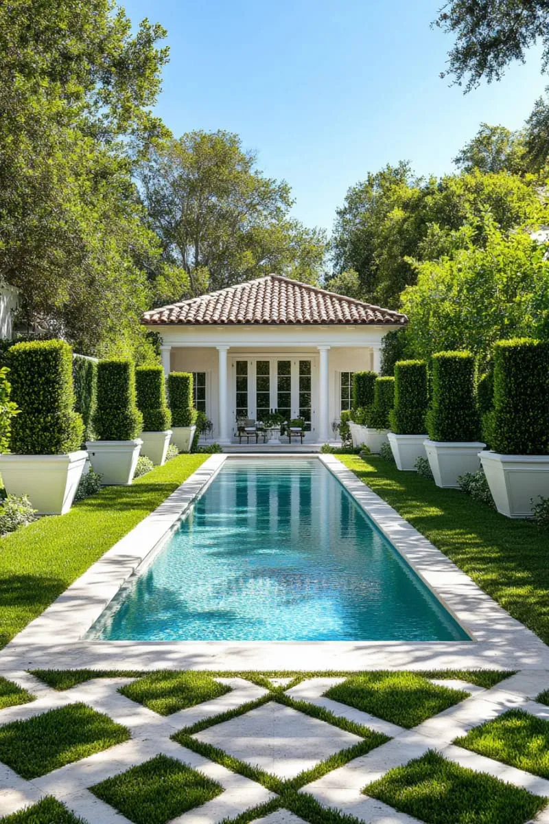 classic grecian pool with symmetrical planters and sculpted evergreens 1