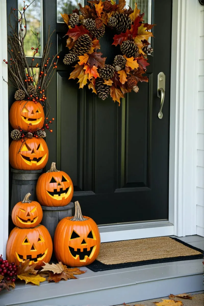 21 Creative Halloween Door Decorations: Ideas for a Festive Welcome 92 classic jack-o’-lanterns stacked beside a rustic autumnal wreath 1