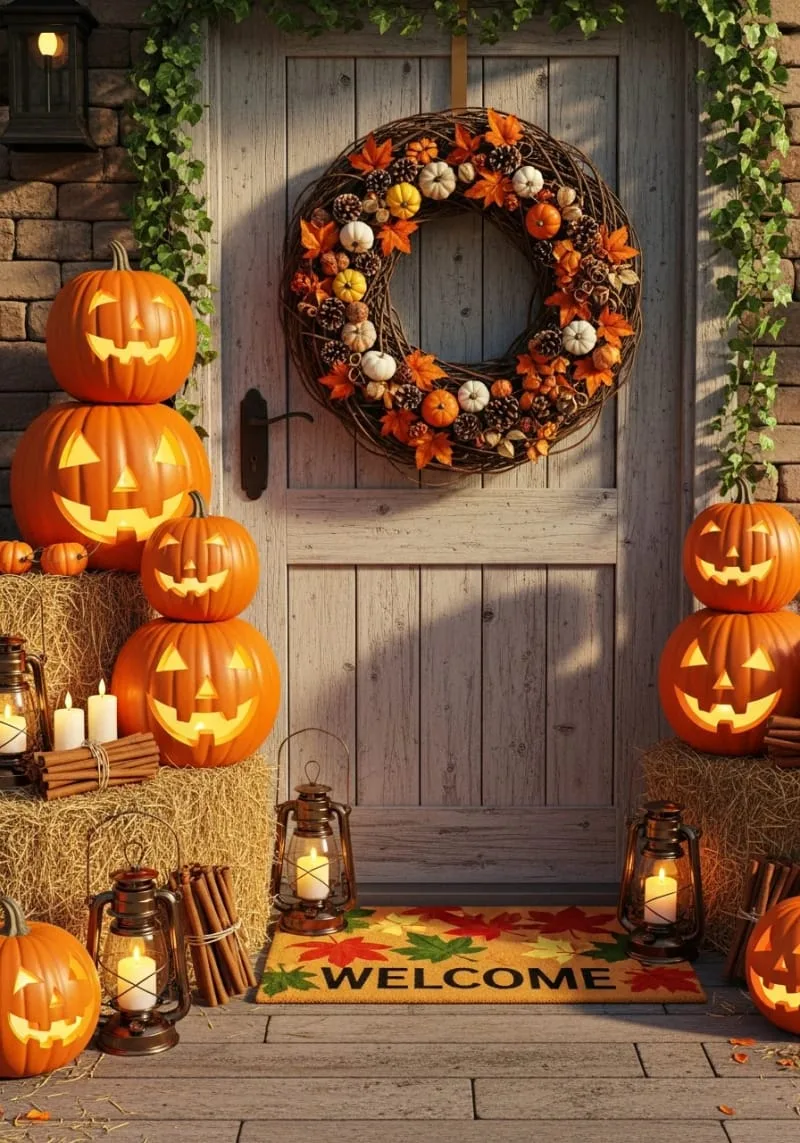 21 Creative Halloween Door Decorations: Ideas for a Festive Welcome 93 classic jack-o’-lanterns stacked beside a rustic autumnal wreath 1