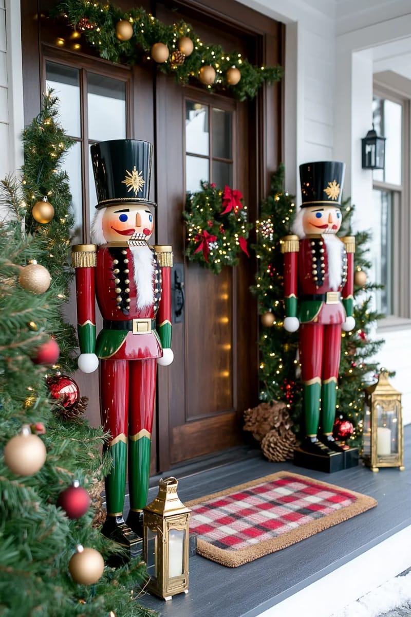 31 Outdoor Christmas Decorations: Ideas for a Magical Welcome 45 classic nutcracker statues guarding the doorway 1