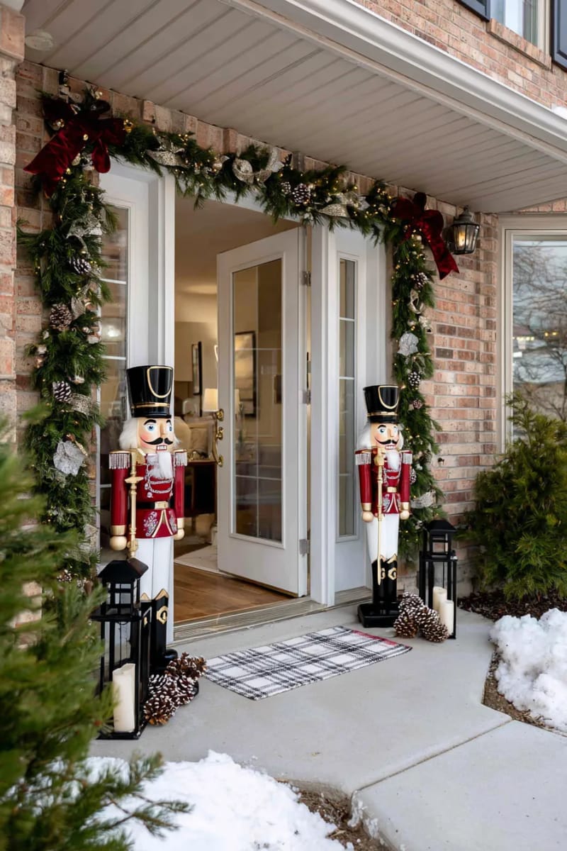 31 Outdoor Christmas Decorations: Ideas for a Magical Welcome 46 classic nutcracker statues guarding the doorway 1