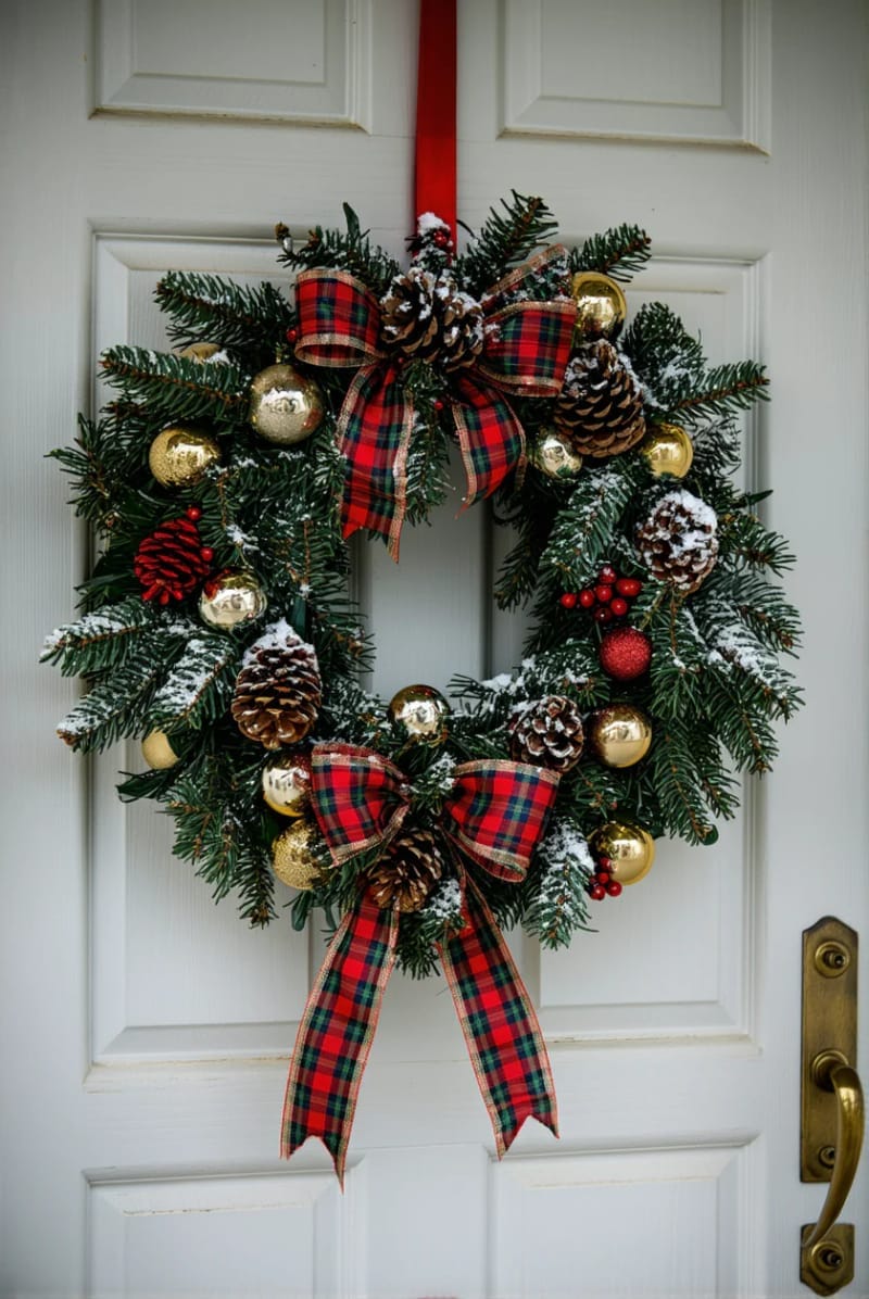 classic plaid wreath with gold baubles and tartan ribbon bow 1
