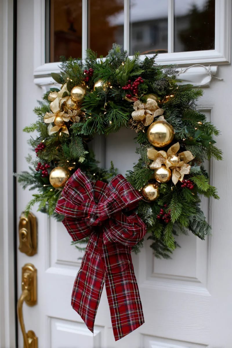 classic plaid wreath with gold baubles and tartan ribbon bow 1