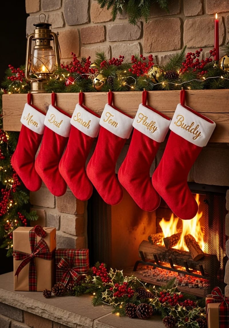 classic red stockings with personalized names hanging from the mantel 1