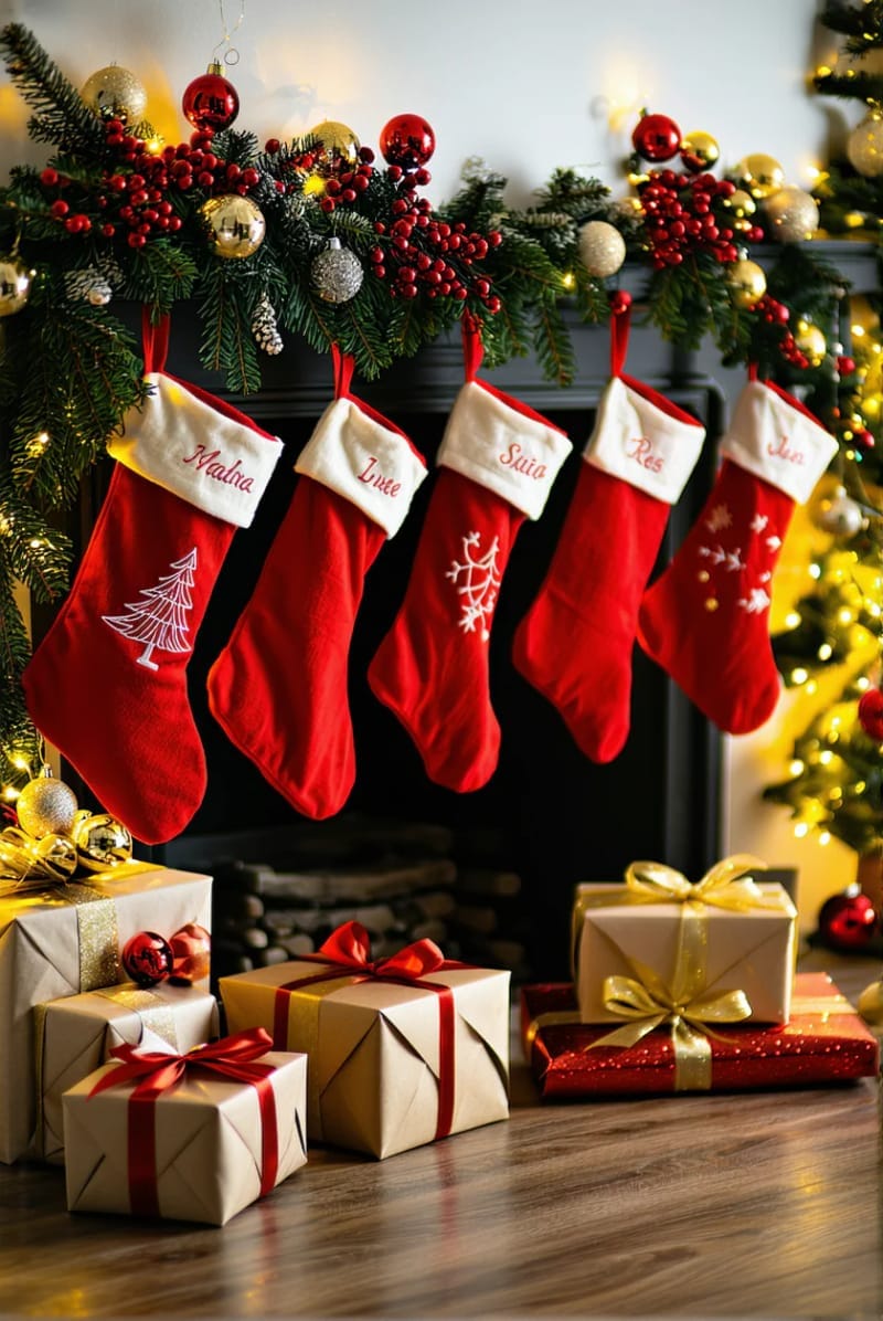 classic red stockings with personalized names hanging from the mantel 1