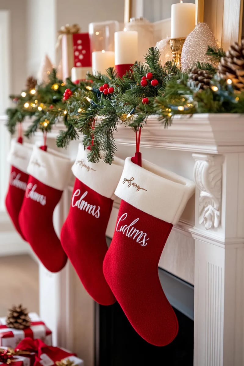 classic red stockings with personalized names hanging from the mantel 1
