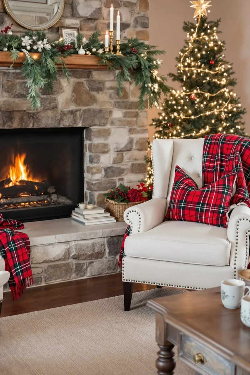 classic tartan plaid throw pillows and blankets on cozy armchairs 1