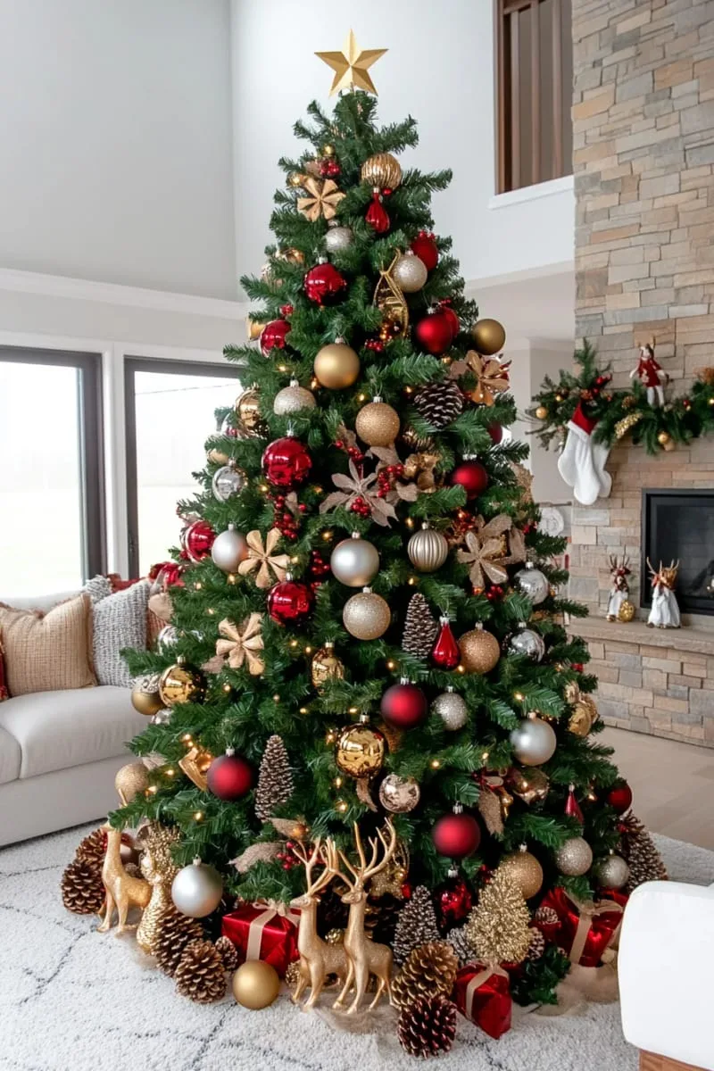 31 Dreamy Christmas Tree Decorations for a Unique Festive Touch 80 clustered ornaments at the tree base for dramatic christmas statement 1