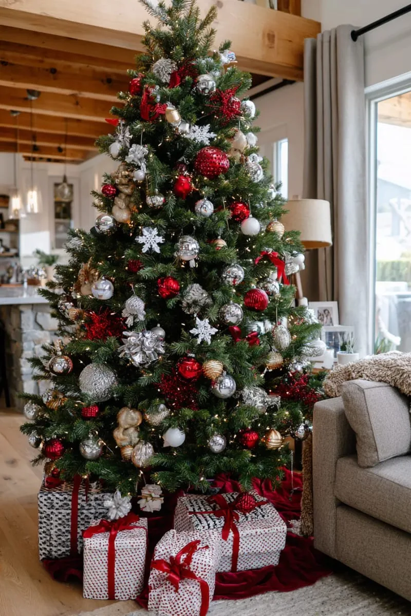 31 Dreamy Christmas Tree Decorations for a Unique Festive Touch 81 clustered ornaments at the tree base for dramatic christmas statement 1