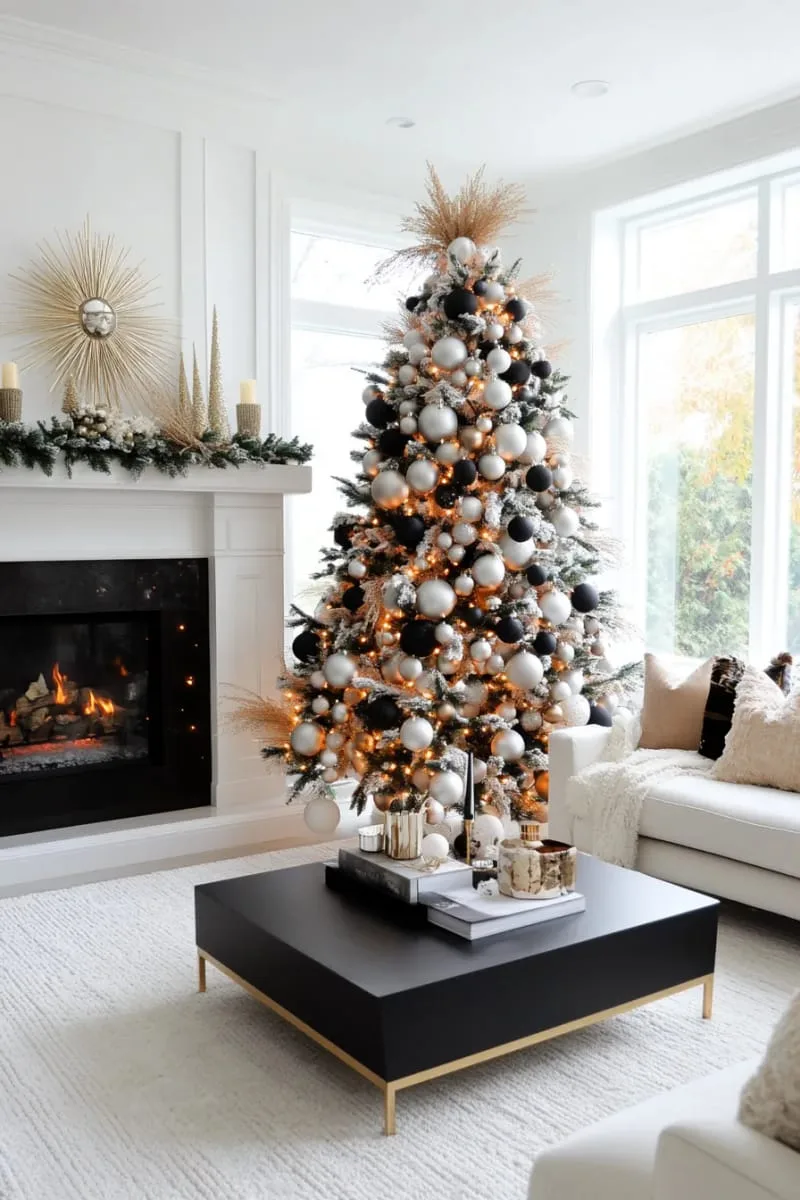 31 Dreamy Christmas Tree Decorations for a Unique Festive Touch 16 clustered ornaments in monochrome shades for a minimalist christmas tree 1