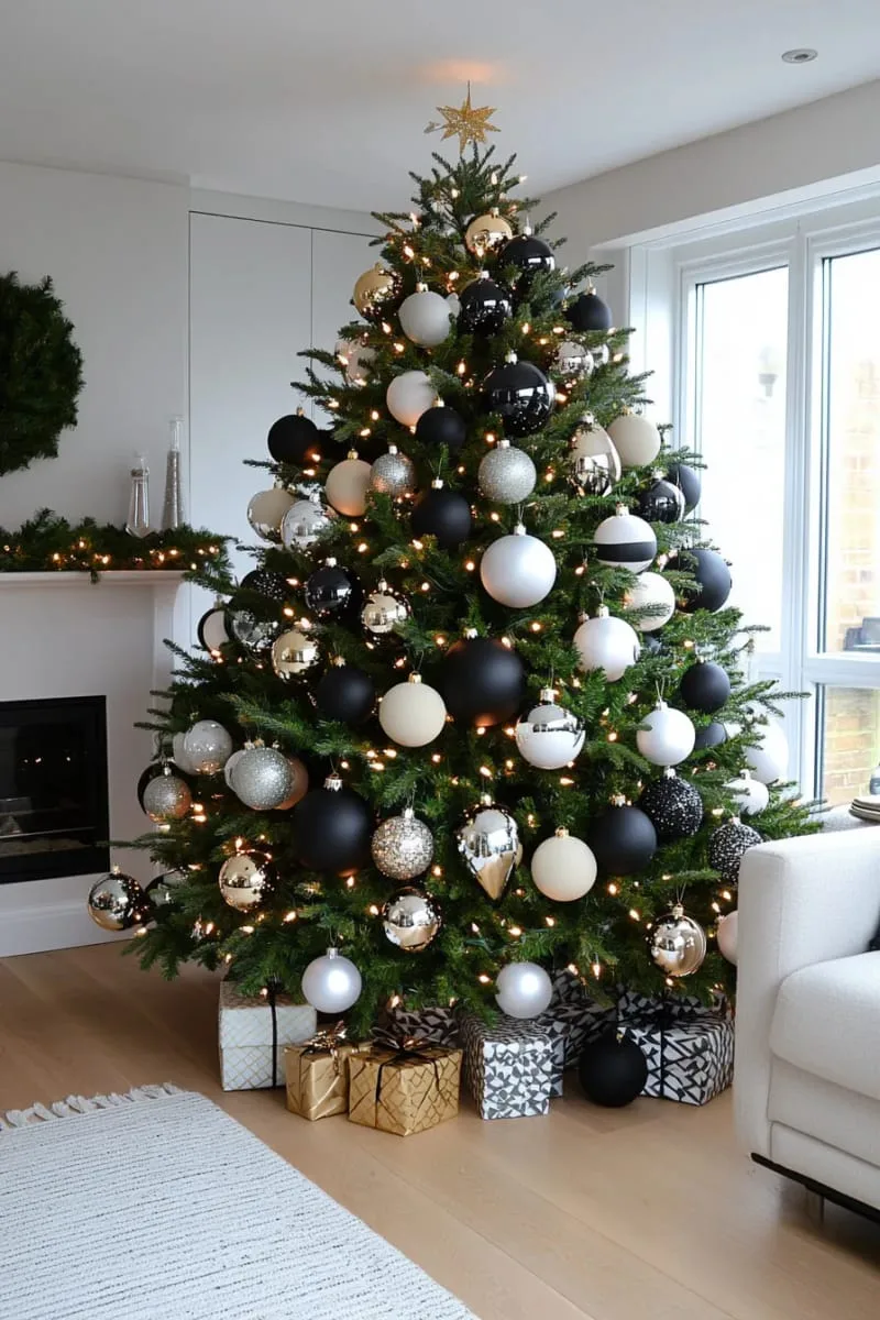 31 Dreamy Christmas Tree Decorations for a Unique Festive Touch 17 clustered ornaments in monochrome shades for a minimalist christmas tree 1